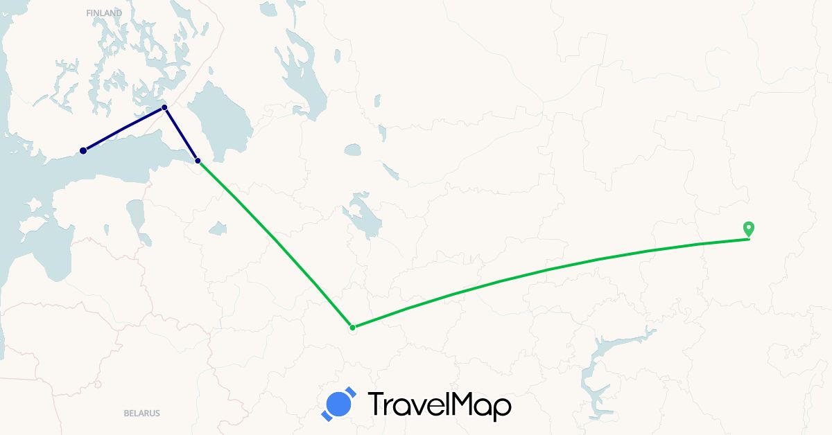 TravelMap itinerary: driving, bus in Finland, Russia (Europe)